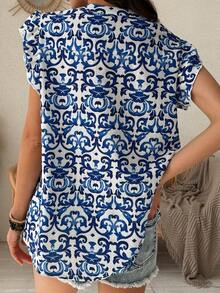 Vivie Lora Áo sơ mi nữ phong cách Bohemian dáng rộng không tay in họa tiết toàn thân. - Màu xanh lam - Xem 3