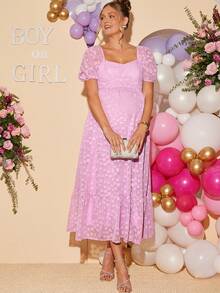 Loomaby Pregnant Women's Sweetheart Collar Ruffle Hem Pink Summer Dress,Gender Reveal Dress,Maternity Dress, Baby Shower Dress - Pink - View 3