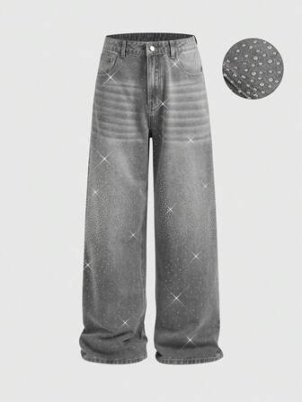 Street Life Jeans casual con gamba ampia, decorati con strass, vestibilità morbida per uomo