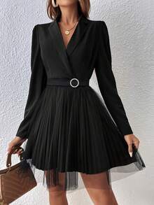 EMERY ROSE Đầm dài tay dáng chữ A thắt eo thanh lịch lãng mạn chi tiết, cài nút kim cương tối giản, thích hợp để đi làm - màu đen - Xem 3