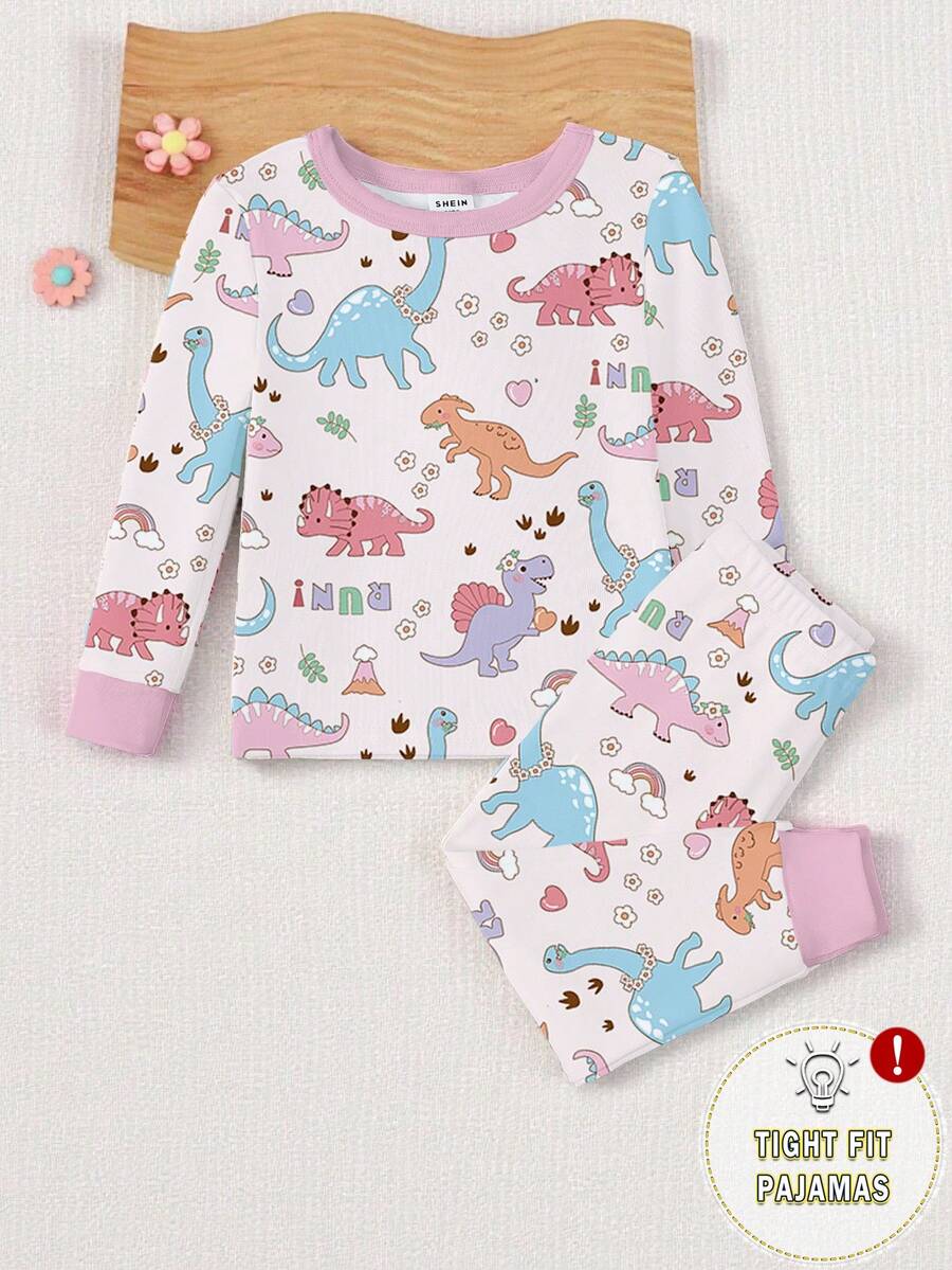 SHEIN Genkimix Kids 女婴彩色恐龙印花针织弹力面料柔软舒适贴身圆领长袖睡衣套装 女婴睡衣贴身睡衣 - 彩色 - 查看 1