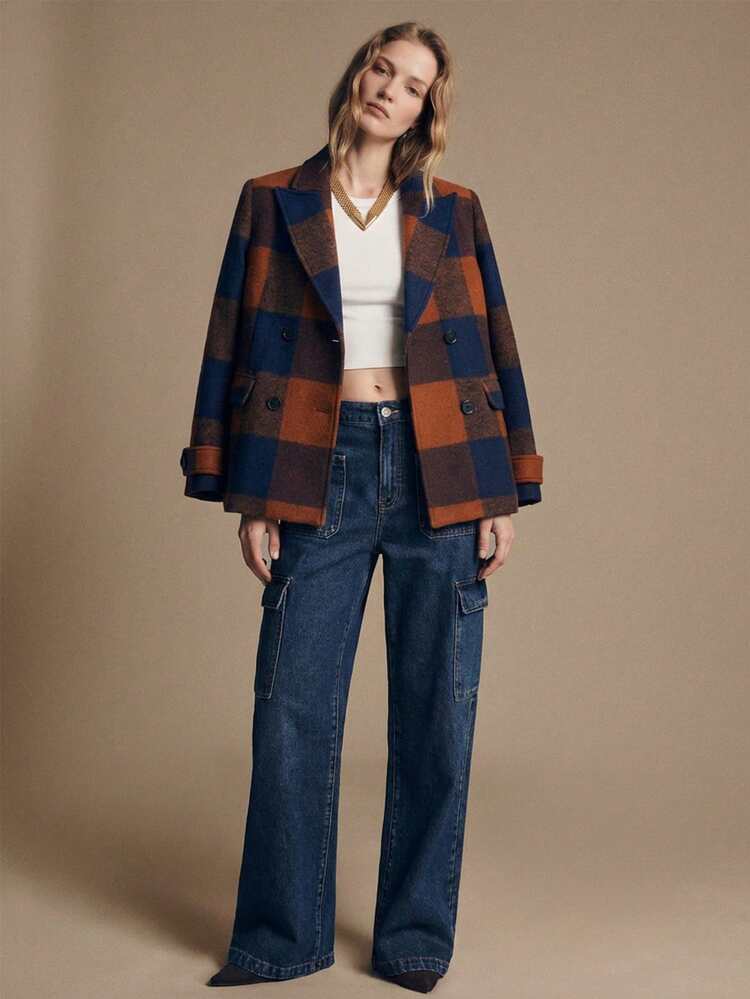 SHEIN Maija MAIJA Elegant Classic Tweed Double Breasted Long Sleeve Tweed Coat