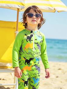 男童卡通恐龙印花半拉链连体泳衣
