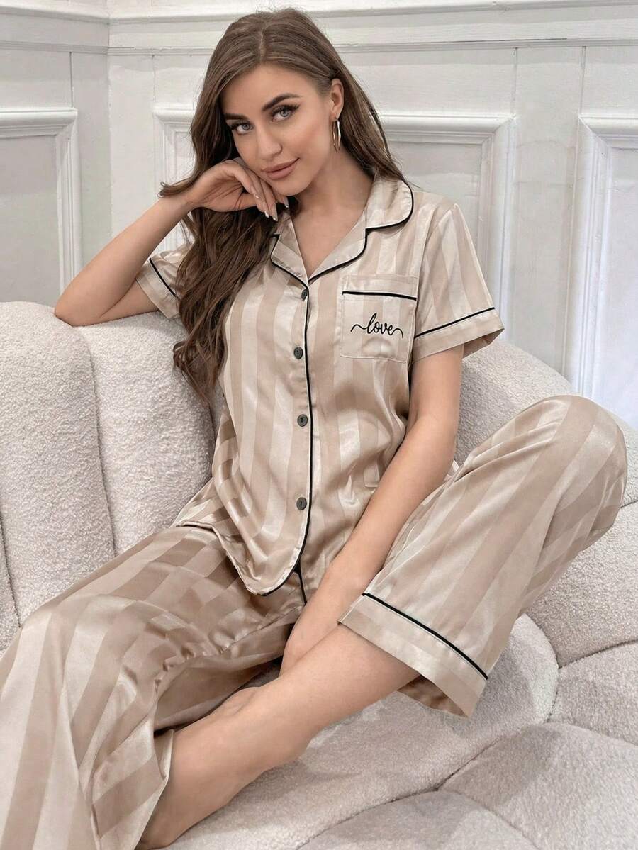 CoupledUp Faux Silk Striped Jacquard Contrast Trim Collar Pajama Set - Champagne - View 1