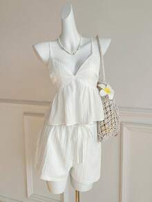 SHEIN EZwear 2件套女士梭织吊带背心和短裤套装，度假装 - 白色 - 查看 5