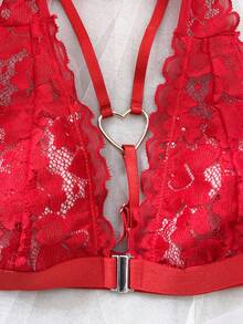 SHEIN Valentine's Day Backless Front Closure Halter Lace Bralette - Red - View 4