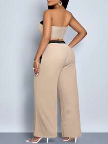 SOLERSUN 女士撞色纽扣装饰露脐抹胸上衣和裤子套装 - 杏色 - 查看 4