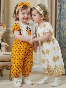 SHEIN Bộ đồ liền thân tay bồng họa tiết retro dệt màu trắng cho bé gái, Xuân/Hè - trắng - Xem 9