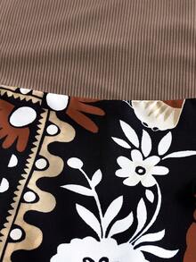 SHEIN Franclia Women's Retro Print High Waist A-Line Skirt + Fitted Ribbed Camisole 2 Pieces Set, Spring/Summer - Multicolor - View 3