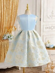 Vestido formal corto y ajustado con lazo azul elegante de jacquard para niñas, adecuado para fiestas de noche, Navidad, Halloween, bodas, bailes de graduación, vacaciones y temporada de graduación - Azul - Ver 2
