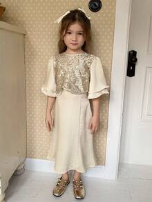 DAZY Young Girls Round Neck Lace Patchwork 2 In 1 Dress Summer - Apricot - View 4