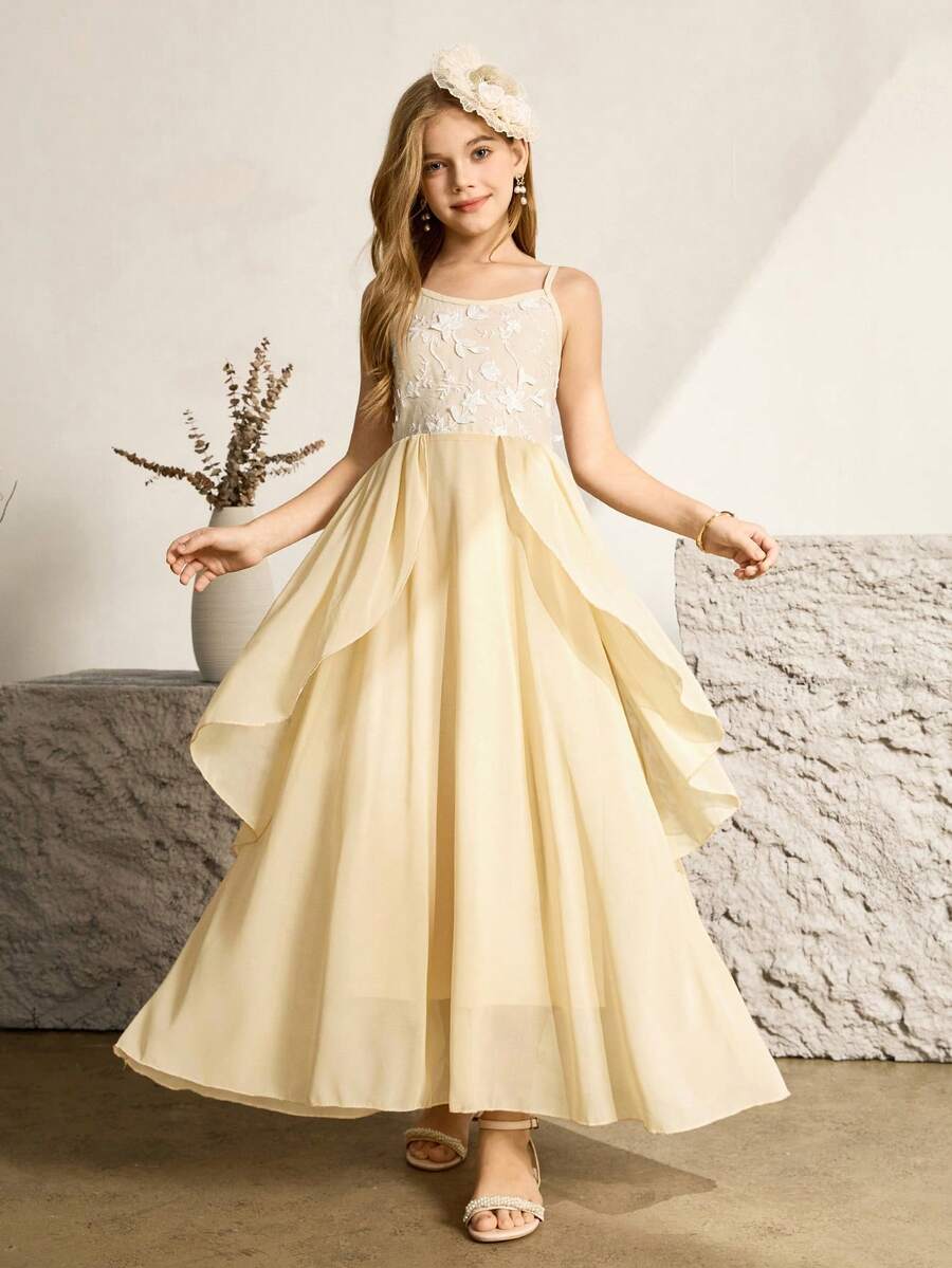 少女款，优雅香槟色雪纺吊带修身连衣裙，适合晚宴、圣诞节、万圣节、婚礼、舞会、度假、毕业季等场合。 - 香檳色 - 查看 1