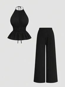 Sweetra 2pcs/Set Jumpsuit Tanpa Lengan Minimalis Warna Polos dengan Ikat Pinggang - Hitam - View 1