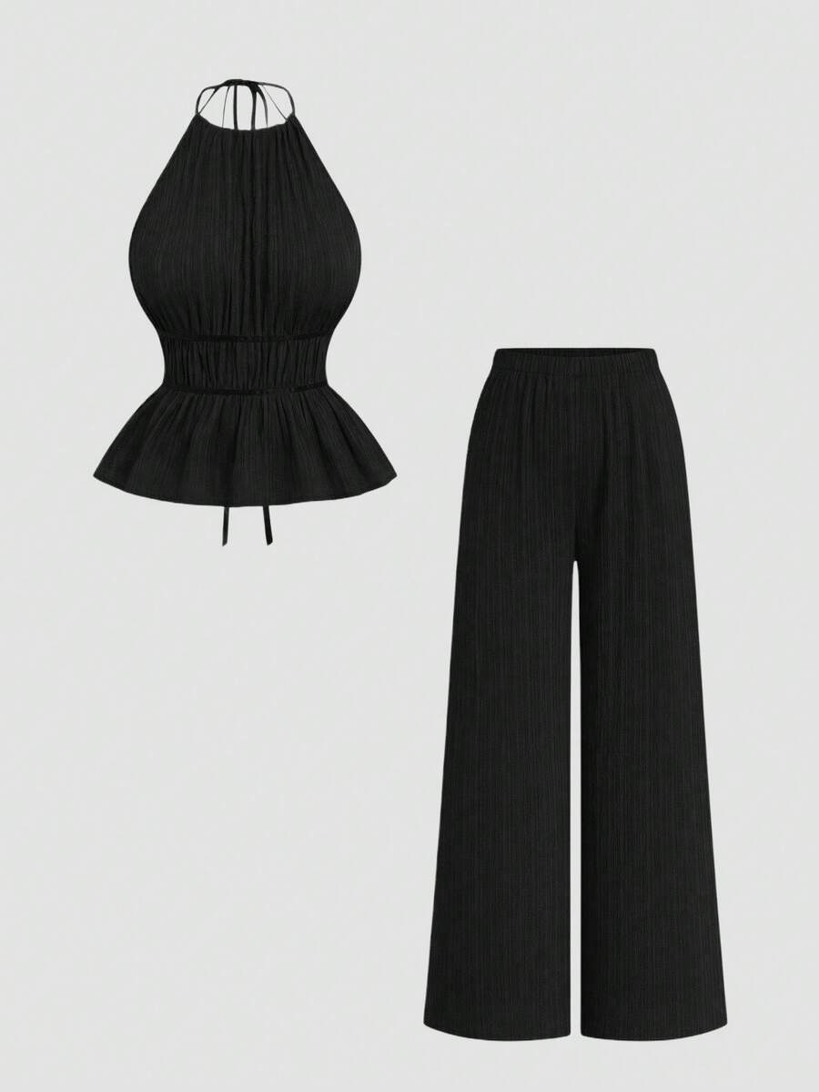 Sweetra 2pcs/Set Jumpsuit Tanpa Lengan Minimalis Warna Polos dengan Ikat Pinggang - Hitam - View 1