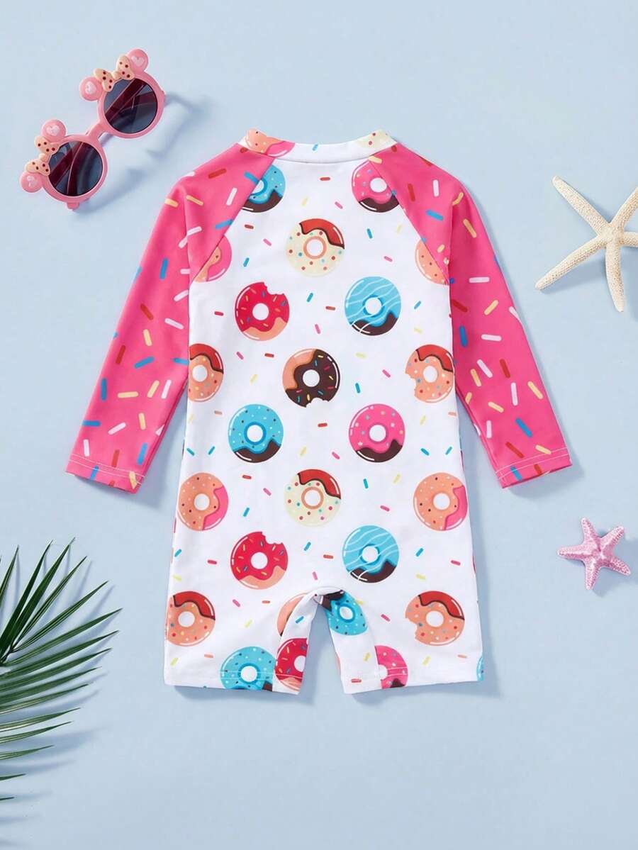 SHEIN Babygirl Fitted Casual Minimalist Comfortable Donut Print Swimsuit,Kids - Multicolor - View 1