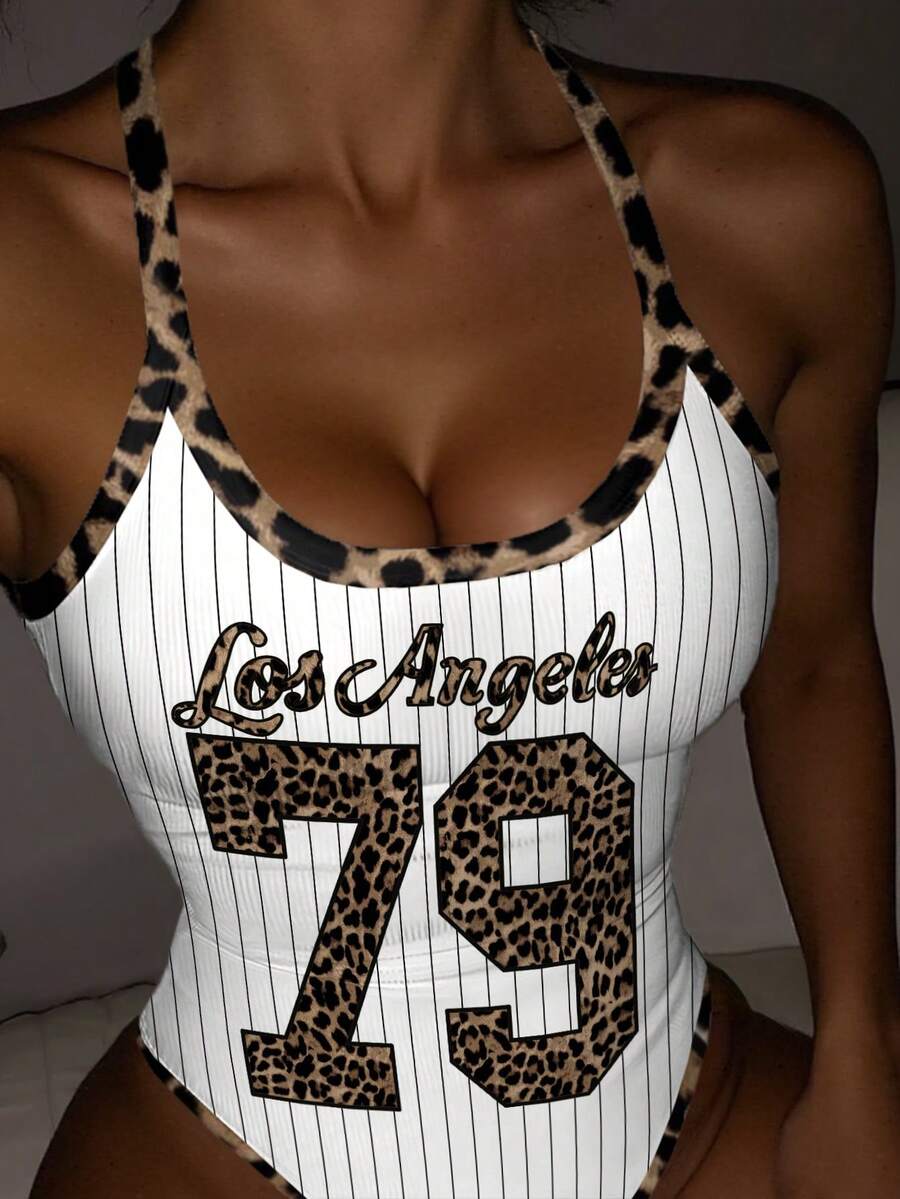 Rovax Sexig bodysuit med leopard- och randmönster och spaghettiband för kvinnor