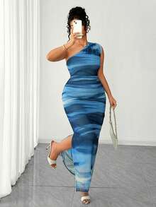 Elenzga Vestido midi feminino plus size com estampa tie-dye floral, decote assimétrico, modelagem justa, sem mangas e franzido. Ideal para primavera/verão, com um ombro só e detalhe franzido. Perfeito para festas, Dia dos Namorados, passeios, Dia das Mães, festivais de música e férias. - Azul - Ver 1