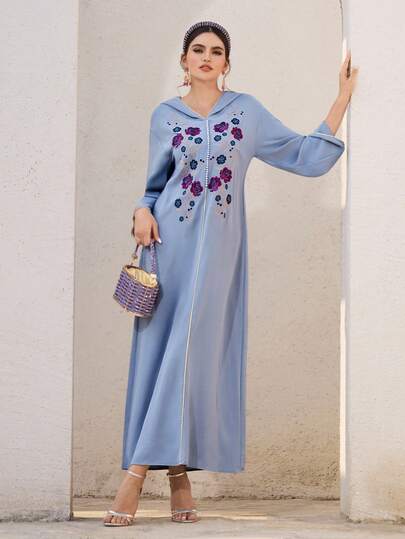 Al Najma Conservative Casual Floral Embroidered Hooded Women's Turkish Maxi Dress, Arabic Abaya