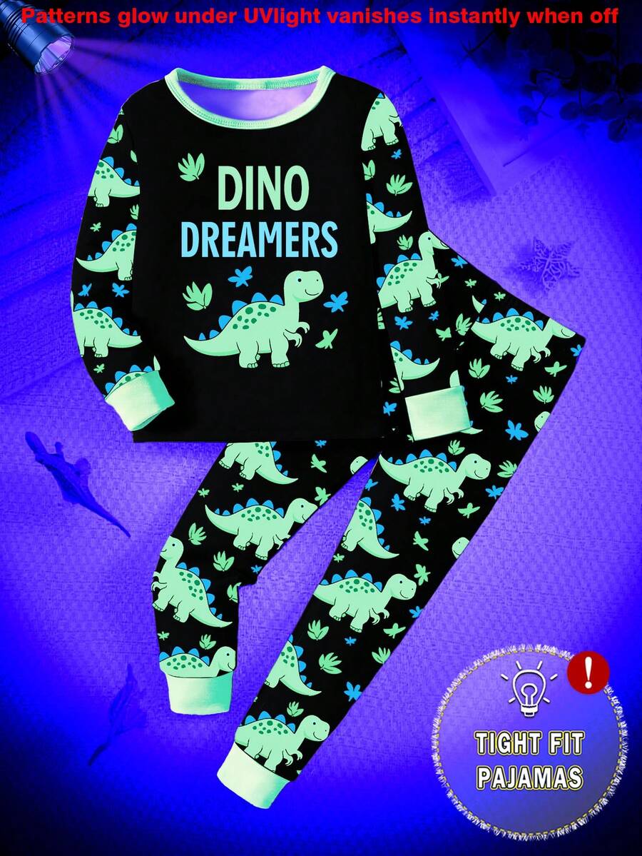 1 Set Pijama de manga larga ajustado con estampado de dinosaurio para niño pequeño, que brilla en la oscuridad (Nota: Este producto requiere exposición a luz UV para brillar. La versión ajustada es pequeña, por favor pida una talla talla grande si le preocupa) - Negro - Ver 1