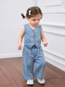 SHEIN Bộ đồ HEIN 2 món cho bé gái gồm áo yếm và quần cạp chun, đồ mặc nhà phong cách boho thường ngày, đồ tốt nghiệp/dự tiệc/kỳ nghỉ, đồ mặc mùa thu thoải mái và dễ chịu cho bé. - Màu xanh lam - Xem 5