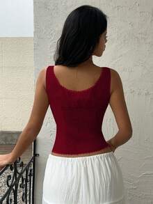 Sunnyshic Women's Fashion Casual 100% Cotton Lace Trim Patchwork Camisole - Burgundy - View 2