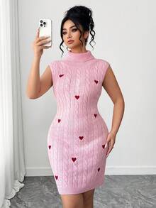 Elenzga Women's Spring/Summer New Arrival Single Piece Half-Turtleneck Fitted Short Sleeveless Heart Embroidery ,Valentine's Day Sweet Date Fashionable Versatile Elegant Knit Pullover Dress Heart Dress - Pink - View 5