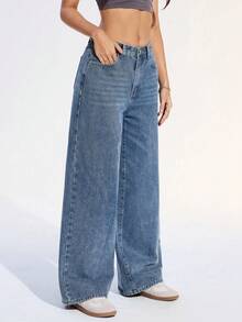 SHEIN ICON Celana Jeans Denim Kasual Longgar dengan Desain Saku Warna Polos - Biru - View 3
