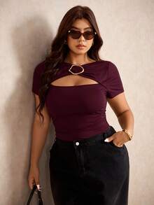 Elaquor Plus Size Women's Casual All-Match Versatile Metal Buckle Coffee Color T-Shirt, Summer, Summer Tops - Burgundy - View 7