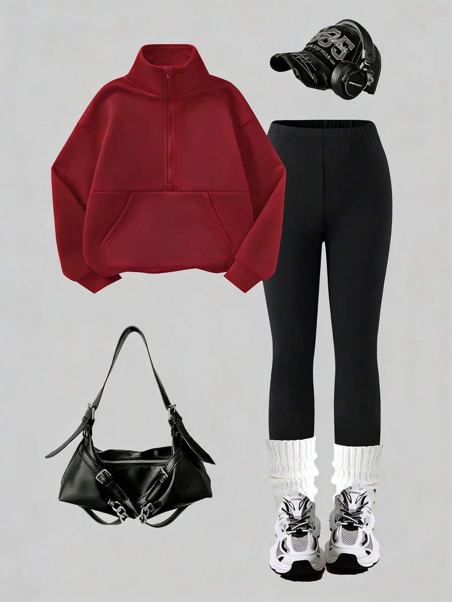 Sparklyn Bộ 2 món cho bé gái tuổi teen, gồm áo hoodie nỉ đen có túi kangaroo và cổ áo khóa kéo nửa thân, cùng quần legging đen cạp chun, thích hợp cho nhiều dịp thường ngày như đi chơi, du lịch, thể thao. Phù hợp cho bé gái từ 8-12 tuổi. - Màu Đỏ Sâu - Xem 1