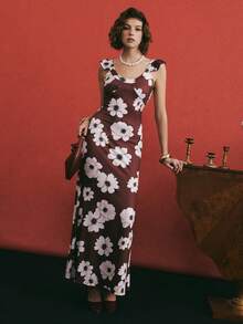 Poéselle 女士优雅印花中长连衣裙 - 杏色 - 查看 4