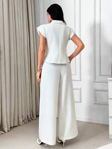 EURMUSE Women Two Pieces Vest And Wide Leg Pant Suit Sets - White - View 2