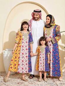 SHEIN Tween Girls' Traditional Arab Maxi Dress,Floral Red Pattern,Golden Trim V-Neck,Pastel Yellow,Autumn,Boho,Family Matching - Multicolor - View 5
