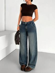 EURMUSE Low Waist Slanted Pocket Loose Straight Leg Denim Jean - Medium Wash - View 6