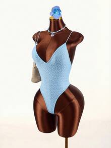 Amplova Rhinestone Glitter Backless Sexy Bodysuit For Party - Blue - View 3