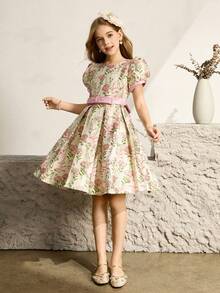 儿童花朵泡泡袖公主裙，优雅派对礼服，适合生日派对、选美比赛等场合 - 粉色 - 查看 3