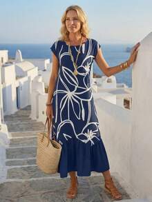 EMERY ROSE Vestido largo de manga corta para mujer con estampado a rayas, unicolor y bajo en la Bottom - Azul Marino - Ver 4