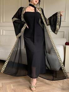 DAZY Women's Elegant Vacation Style Splice Ribbon Flare Sleeve Belted Sheer Robe & Camisole 2 Pieces Set - Black - View 8