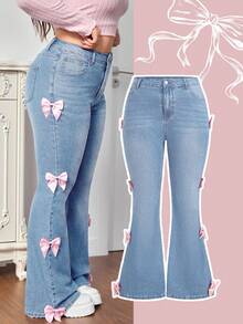 SHEIN MOD Blue Plus Size Jeans High Stretch Denim Pink Bow Sweet Jeans Valentine Jeans Slimming Bell Bottoms - Light Wash - View 1