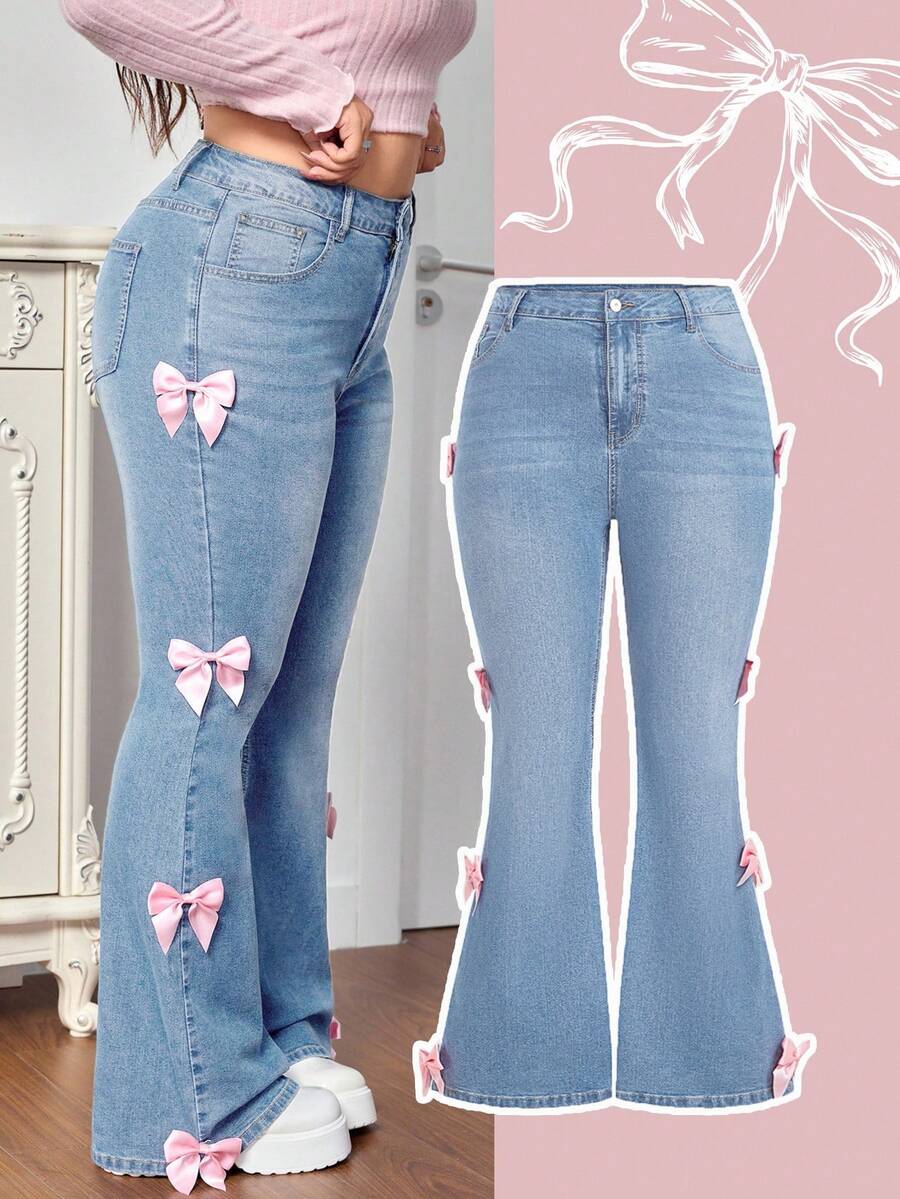 SHEIN MOD Blue Plus Size Jeans High Stretch Denim Pink Bow Sweet Jeans Valentine Jeans Slimming Bell Bottoms - Light Wash - View 1