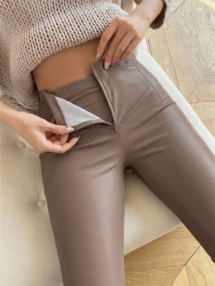 Firerie Women's New Simple Elegant Daily Commute Casual Fashion Versatile Autumn/Winter All-Match Waist Cinching Zipper Lift Butt Black Mid-Waist PU Leather & Fleece Skinny Pants, Suitable For Autumn Outfit, Autumn/Winter, Airport, Teacher, Office Wear Brown Leather Pants High Waist Pants Woman Leather Pants For Women
