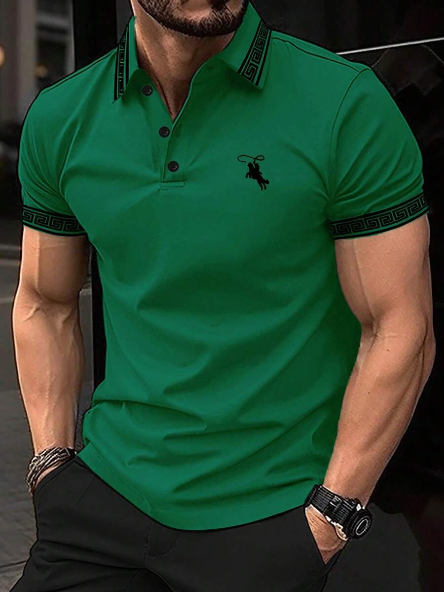 Manfinity Homme Men's Geometric Knight Print Short Sleeve Casual Commuter Polo Shirt - Dark Green - View 1