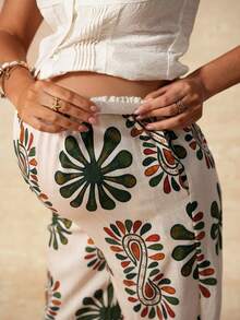 Boho Mama Maternity Clothes  Maternity Pants Pregnant Clothes Vacation Green  Maternity  Pants Maternity Summer Vacation Casual Adjustable Waist Printed Pants,Patterned Print Adjustable Waistband,Adjustable Elastic Waistband - Multicolor - View 3