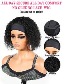 Kinky Curly Short Short Human Hair Natural Black Color Wig With Headband Wig For Women - SNatural - View 3