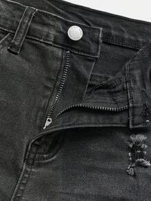 SHEIN Tween Boy Solid Color Crew Neck Short Sleeve T-Shirt And Distressed Zip-Up Denim Jeans Set - Black - View 4