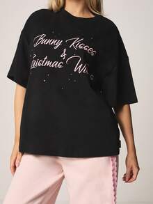 Missguided x Playboy Bunny Kisses Christmas Wishes Graphic Tee Short Sleeve Crew Neck Cotton Blend Holiday Print Top - Black - View 1