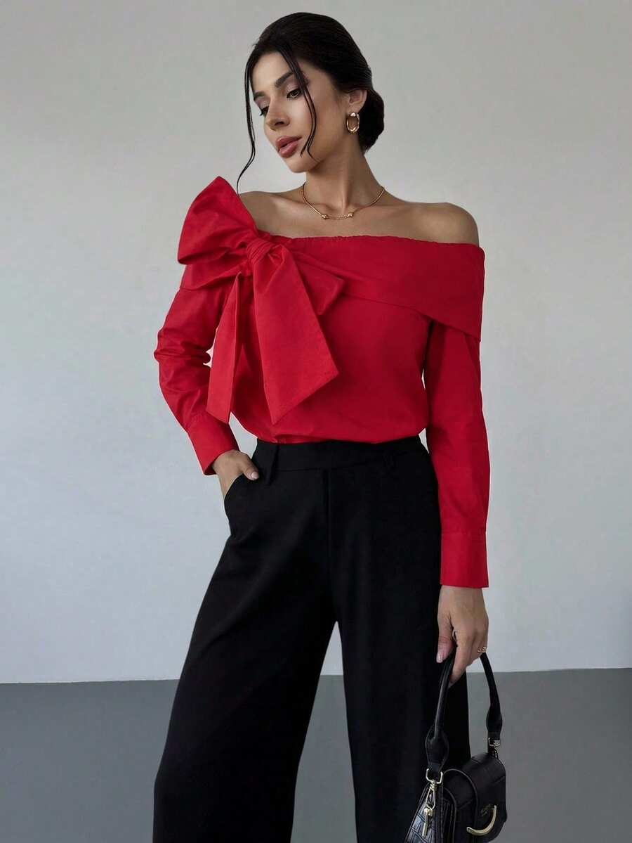 Firerie Women's Elegant, Refined, Romantic Off-Shoulder Bowknot Long Sleeve Blouse, Suitable For Commuting, Street Style And Urban Chic, Autumn/Winter - Red - View 1