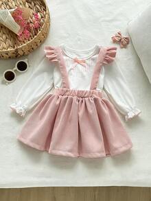 2pcs Baby Girls Floral Print Faux Collar Long Sleeve Top And Ruffled Hem Suspender Skirt Set Baby Girl Princess Dress Toddler Dress Set Ruffle Long Sleeve Blouse 2pcs Baby Girls Outfit - Pink - View 1