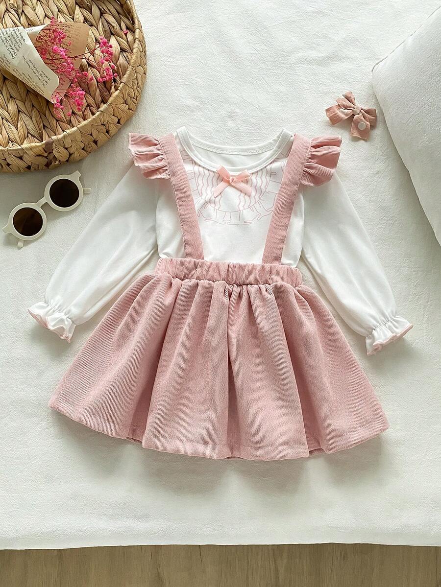 2pcs Baby Girls Floral Print Faux Collar Long Sleeve Top And Ruffled Hem Suspender Skirt Set Baby Girl Princess Dress Toddler Dress Set Ruffle Long Sleeve Blouse 2pcs Baby Girls Outfit - Pink - View 1