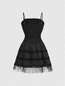 ROMWE Đầm slip mỏng kẻ sọc phối ren, kiểu dáng Gothic lãng mạn, buộc dây, phối lưới dành cho nữ. - màu đen - Xem 2