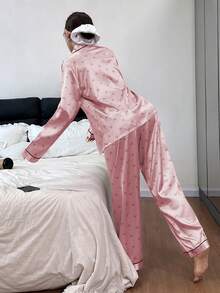 Dream Adore Faux Silk Heart Print Long Sleeve & Pants Pajama Set - Pink - View 2